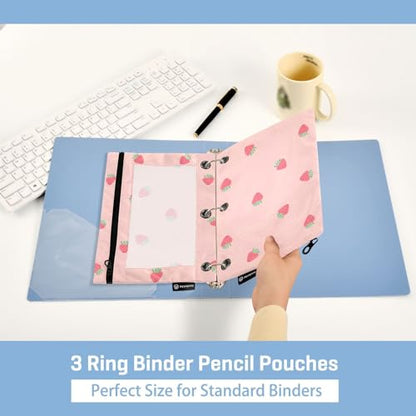Fustylead Pink Strawberry Pencil Pouch Fits Standard 3-Ring Binders, Zipper Binder Pencil Bag with Clear Window for Office School Class Students 2 Pack - color: Pink Strawberry