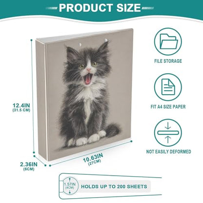 Fustylead Pet Lover Cute Cattle Cat 3 Ring Binder, D-Rings 1.5" Hardcover Folder, Fits 200 Sheets of A4 Paper, Durable Clipboard & Clean View with Inside Pockets for School Home Office - size: 12.4x10.63x2.36 Inch-1 Pack