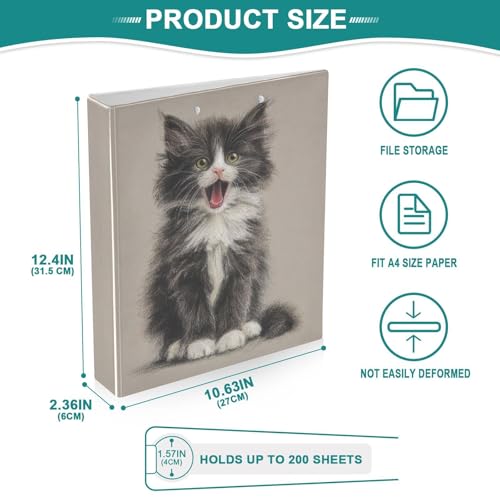 Fustylead Pet Lover Cute Cattle Cat 3 Ring Binder, D-Rings 1.5" Hardcover Folder, Fits 200 Sheets of A4 Paper, Durable Clipboard & Clean View with Inside Pockets for School Home Office - size: 12.4x10.63x2.36 Inch-2 Pack