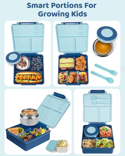 SOHIDA Bento Box with 10oz Soup Thermo: Kids Leakproof Lunch Box with 3 Compartments - Dishwasher Safe and BPA-Free - Vacuum Insulated Food Jar Suitable for Kids Back to School, Travel-Blue - color: Blue