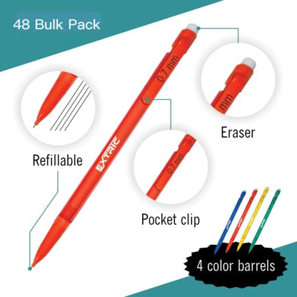 EXTRIC Mechanical Pencils 0.7mm with Erasers, Medium Point Lead, HB #2, Assorted Barrels, 48 Count Bulk Pack for Office and School Supplies - size: 48 Count (Pack of 1)