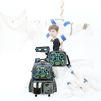 16inch Rolling Backpacks for Boys School Backpacks with Wheels for Elementary Preschool Students Kids Travel Luggage Suitase for Boys - color: Black Game