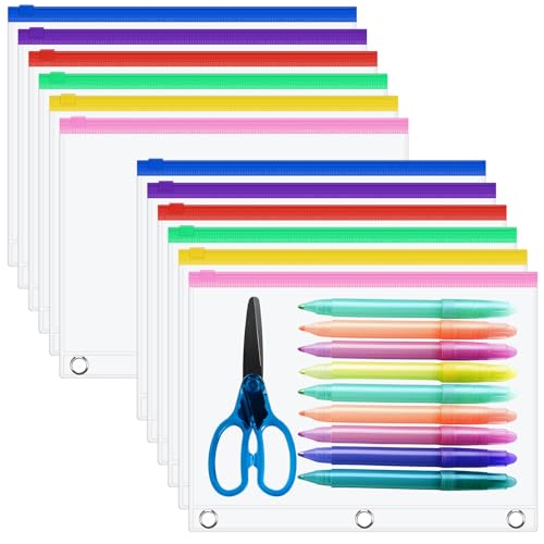 Lincia 24 Pack Clear Pencil Pouch for 3 Ring Binder Pencil Case with Zipper 3 Ring Binder Pocket Insert Bag 10 x 7'' Visible Cash Envelope with Re-enforced Grommet for Office (Colorful, Clear) - color: Colorful, Clear