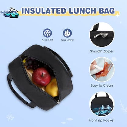 ACESAK Boys Backpack - Racing Car Bento Box with Insulated Lunch Bag Pencil Case & Utensils Set for Kids, 6 Leakproof Compartments Removable Tray Lunches or Snack Container - color: Blue Car