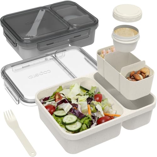 Caperci 2 Pack Salad Containers - Extra-Large 62 oz Bento Lunch Box for Adults, 2-Compartment Meal Prep Container with Removable Toppings Tray, Sauce Cup, Reusable Fork, BPA-Free (Gray & Tofu) - color: Gray & Tofu