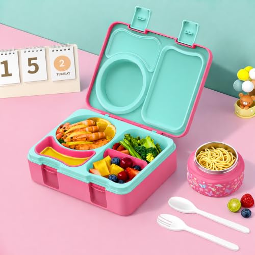 Kids Lunch Box with Thermo, Leakproof Bento Box for Kids with 8OZ Insulated Food Jar, Ice Pack, Sauce Cup, Utensils, Removable Tray & Dividers for School Daycare Travel (Rainbow butterflies) - color: Rainbow butterflies