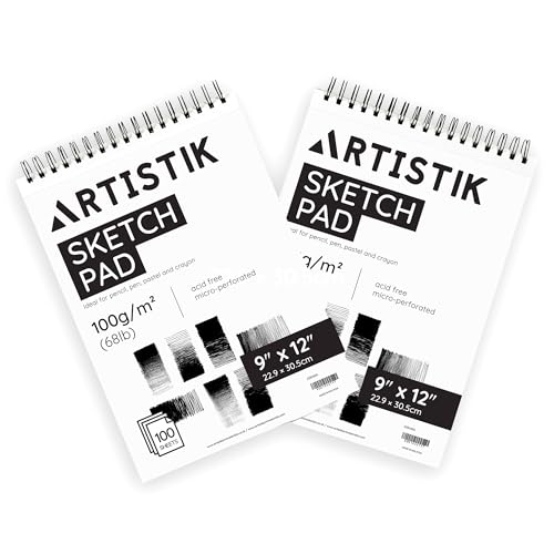 ARTISTIK Spiral Sketch Pad – 100-Sheet Perforated Sketchbook for Pencil, Pastel & Crayon – 100 g/m²(68lb) Mixed Media Sketching & Writing Pad – 9" x 12", Pack of 2 - size: Sketch Pad 9 x 12"