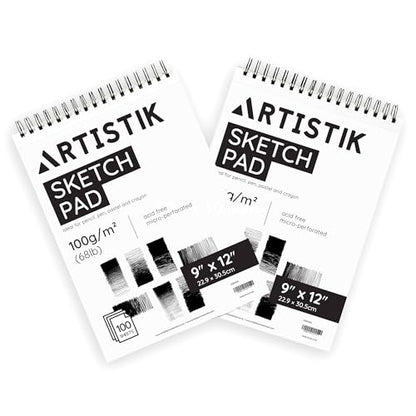 ARTISTIK Spiral Sketch Pad – 100-Sheet Perforated Sketchbook for Pencil, Pastel & Crayon – 100 g/m²(68lb) Mixed Media Sketching & Writing Pad – 9" x 12", Pack of 2 - size: Sketch Pad 9 x 12"