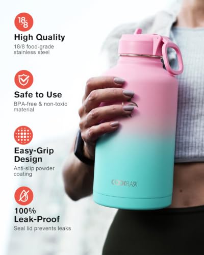 Water Bottle Insulated 64 oz with Straw & 3 Lids, Coolflask Half Gallon Water Jug Large Metal Stainless Steel Wide Mouth, Non-BPA Keep Cold 48H Hot 24H, Bubblegum Princess - color: Bubblegum Princess, size: 64 Ounces