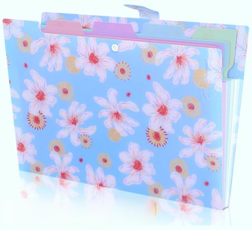 Folder Organizer Expanding File Folder Patternted - Accordion Document Organizer with 5 Pockets and Labels, Waterproof A4/Letter Size for School Office Home (Cyan Floral) - style: Cyan Floral