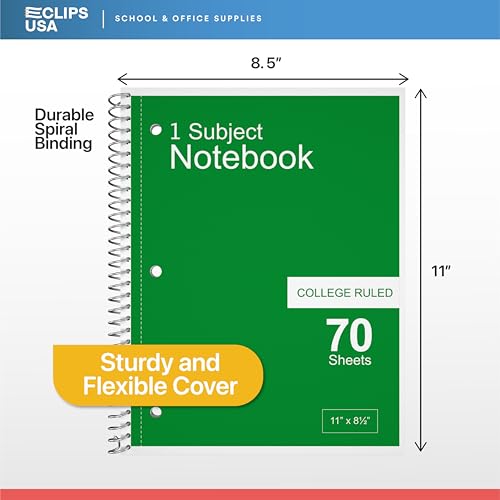 E-CLIPS USA College Ruled Spiral Notebooks Bulk Spiral Bound Notebooks for Work 1 Subject Notebook 70 sheets 140 pages 8.5" x 11" (24 pack) - size: 24 Pack