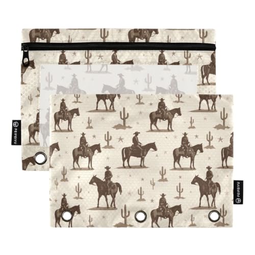 Retro Cactis Cowboys Binder Pencil Pouches, Pencil Case with Clear Window 3 Rings Pen Case Holder School Office Supplies Cosmetic Makeup Bag 2 Pack - color: multicolored-2