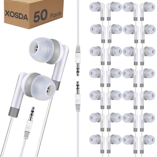 50 Pack Bulk Earbud Headphones for Kids Classroom School, Wholeslae Wired Earphones Class Set for Students Children Toddler Teens Boys Girls(XPG101, 50 White) - color: White, size: 50 Pack