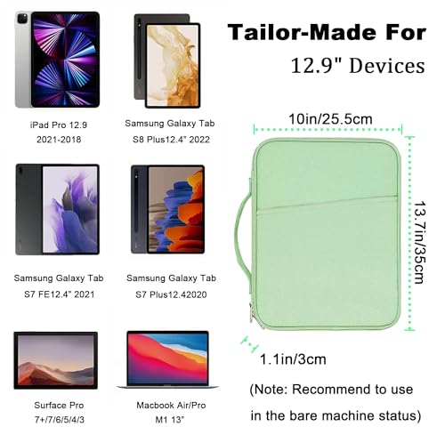 iPad Pro 12.9 Sleeve Carrying Case, Padded Tablet Bag for iPad Pro 13-in (M4), iPad Air 13-in (M2), Surface Pro 9/8, 12.4” Galaxy Tab S8+/S9+ (Mint Green-12.9) - color: Green-12.9in, size: 12.9 inch
