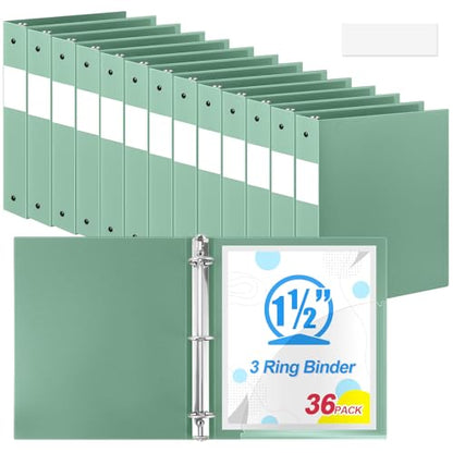 Henoyso 36 Pcs Sage Green 1.5 Inch 3 Ring Plastic Binder Bulk, 1 1/2 Inch Soft Flexible Binders Three Round Rings Fit 8.5x11 Papers for School Office Home File Organization Supplies - color: Sage Green