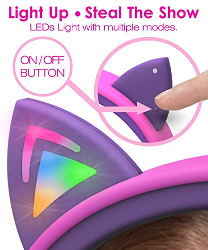FosPower Kids Headphones with LED Cat Ears (85dB Safe Volume Limit), 3.5mm Soft On-Ear Wired Headphones with Tangle-Free Laced Cables for iPad/Tablet/School/Travel - Hot Pink/Purple - color: 01 - Hot Pink/Purple