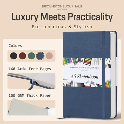 BROWNSTONE JOURNALS A5 Sketch Book Hardcover - 80 Sheets 100 GSM Paper 5"x8", Lay Flat, Vegan Leather Cover, Elastic Band, Back Pocket, Art Drawing Book (Symphony Blue) - color: Symphony Blue, size: A5 (5" x 8")