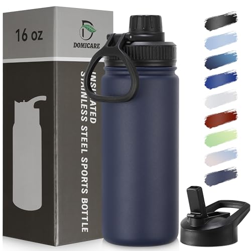 DOMICARE 16 oz Water Bottle Stainless Steel Double Wall Vacuum Insulated Water Bottle with Straw lids & Spout Lid, Leakproof - color: Navy Blue, size: 16 Ounces