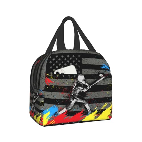 Baseball Player Lunch Bag for Sports Boys American Flag Reusable Insulated Lunch Tote Lunch Box Black Cooler Thermal Lunch Tote Bag for School Work Picnic - color: Baseball Player