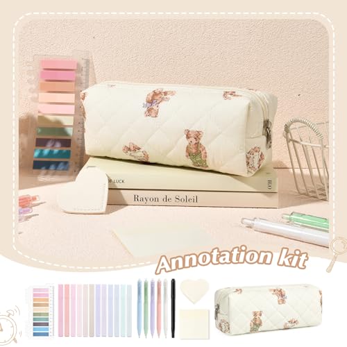 Aileam 22Pcs Book Annotation Kit Aesthetic Pencil Case with Supplies School Annotation Supplies Gel Pen Transparent Sticky Note Taking Bible Study College Stationery Supplie (Bear Cub Print) - color: Bear Cub Print