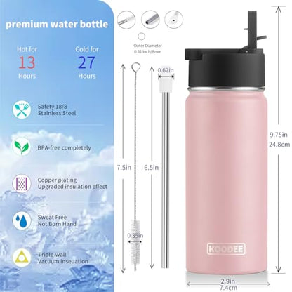 koodee 16 oz Water Bottle Stainless Steel Double Wall Vacuum Insulated Water Bottle Wide Mouth Flask with Leakproof Straw Lid (Light Pink) - color: light-pink-A, size: 16 Ounces