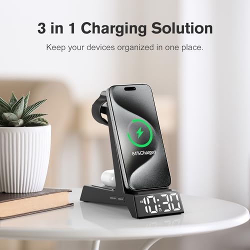 ANJANK 4 in 1 Wireless Charging Station Alarm Clock, Charging Dock for Apple Devices, Charger Stand for iPhone 17 Air 16 15 14 13 12 Series for Apple Watch 11 10 9 8 7 6 5 UItra/SE & AirPods, Dimmable - color: Black