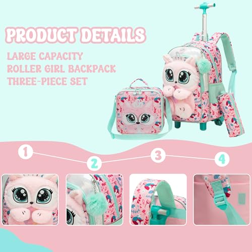 Meetbelify Rolling Backpack for Girls 3D Carton Backpack with Wheels for Elementary Student Kids Plush School Bag with Lunch Box Pencil Case for Girls Ages 6-8 Years Old Pink - color: Pink Fox