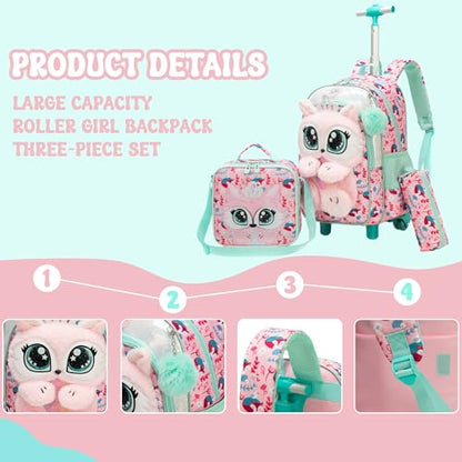 Meetbelify Rolling Backpack for Girls 3D Carton Backpack with Wheels for Elementary Student Kids Plush School Bag with Lunch Box Pencil Case for Girls Ages 6-8 Years Old Pink - color: Pink Fox