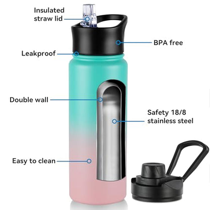 24oz Insulated Water Bottle with Straw Lid, Stainless Steel Metal Water Bottle with Straw & Wide Mouth Lid, Double Wall Vacuum Water Bottle for Hiking Camping, Bubble Gum 1 Pack - color: Bubble Gum, size: 24 Ounces