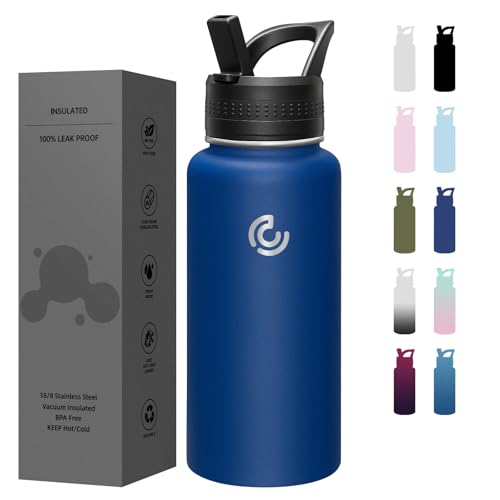 COKTIK 32oz Sports Water Bottle, Stainless Steel Water Bottle for Insulated, Reusable Travel Bottle, With Straw, With Handle Grip for Easy Carrying, Suitable for Cycling, Outdoor Vacations(Cobalt) - color: Cobalt, size: 32 Ounces