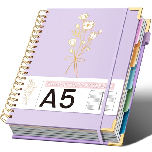 Hardcover Spiral Notebooks 6.1" X 8.4" Note Taking 5 Subject Notebook College Ruled with Dividers 240 Pages 100GSM Aesthetic Spiral Notebook for Work School Cute Journals for Women Writing, Purple - color: Purple, size: 8.4"x6.1"