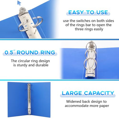 Henoyso Plastic 6 Pcs 1/2 Inch Mini 3 Ring Binders Fits 5.5" x 8.5" Paper, Holds(Capacity 100 Sheets), Flexible Three Round Rings Small Blue A5 Binders Bulk for School, Office Use, Photo Album Pages - color: Blue, size: 0.5 Inch