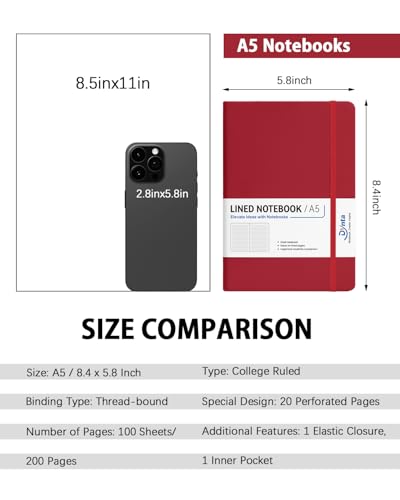 Dynta Hardcover Journal Notebooks, 10 Packs A5 Lined Journals Bulk for Writing 200 Pages/100Sheets, 8.4 x 5.8 inch, Classic Ruled Notebook for Work/Travel/College/Note Taking(Red) - color: Red