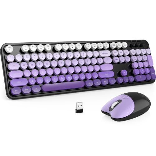MOFII Wireless Keyboard and Mouse Combo, 2.4 GHz Full-Size Retro Round Keyboard and Mouse, Plug and Play, 8 Multimedia & Shortcut Keys for Mac, Windows, Laptop/Desktop/PC - Black Purple Gradient - color: Black Purple Gradient