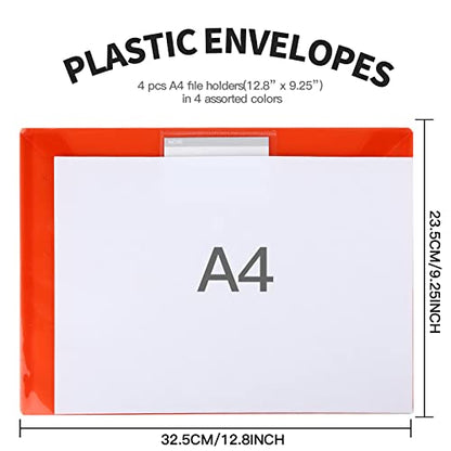 LEOBRO File Folders for Documents, 4 Pcs Plastic Folders with Pocket, Plastic Envelopes with Snap Closure, Reusable File Bags, for School & Office, A4 Size
