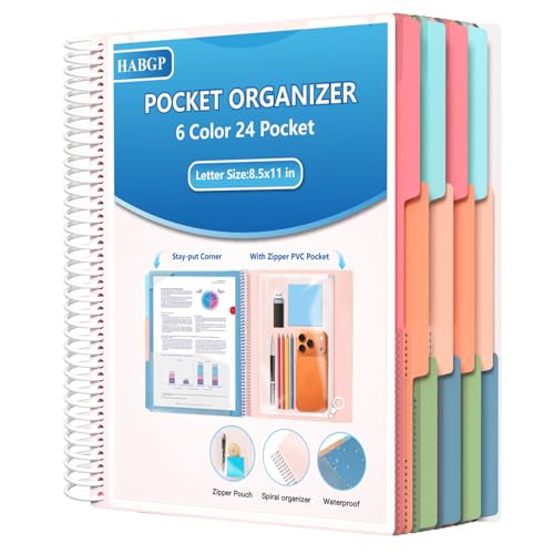HABGP 24 Pocket Plastic folders with Pockets, 6 Colors Multi Pocket 12 Folder Binder Dividers, Multi-Subject Project Organizer for Office, School Supplies, Letter Size - color: White, size: 24 Pocket