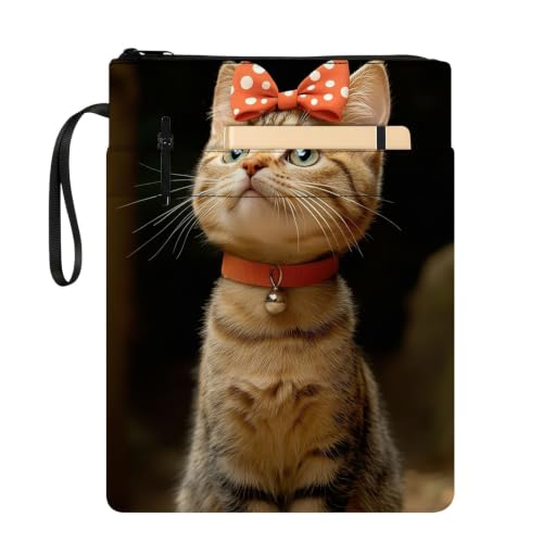 Padded Book Sleeve with Zipper & Front Pocket, Fabric Book Cover | Cute Tabby Cat Red Bow Tie11.4"x8.7" Washable Canvas Pouch for Hardcovers, Tablets & Reading Accessories - color: Cute Tabby Cat Red Bow Tie