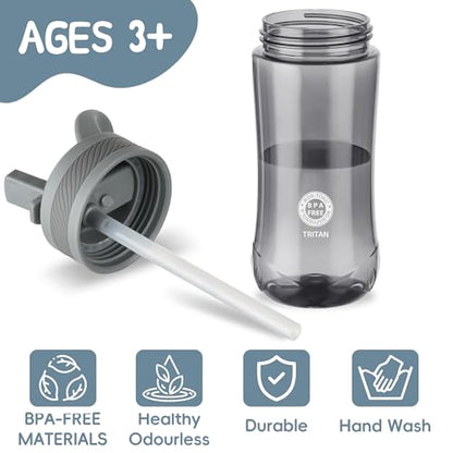 14oz Clear Kids Water Bottle with Straw Lid, BPA-Free Tritan, Measurement Scale, Sturdy Handle Wide Mouth Leak-proof Reusable Plastic Bottle for Boy& Girls, Back to School(Gray) - color: Gray