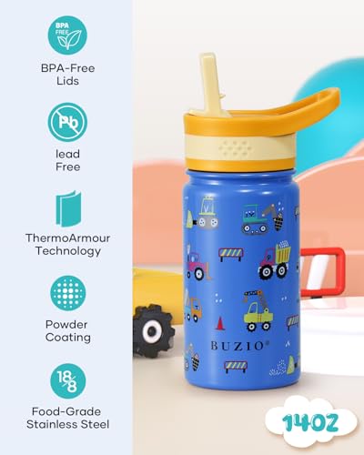 2 Pack Insulated Kids Water Bottle, BUZIO 14oz Stainless Steel Water Bottles with Tritan Straw Lid, BPA-FREE Lead-Free Double Wall Leak Proof Drink Cups Flask for School (Blue Car +Blue Dinosaur) - color: Blue/Blue