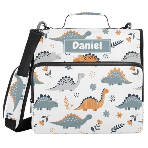 Custom Dinosaurs Flowers White Pattern 3 Ring Zipper Binder with Shoulder Strap & Handle 1.5 Inch D-Ring Zippered Bag with Multiple Pocket, Personalized Binder Organizer for School or Office - color: Dinosaurs Flowers White