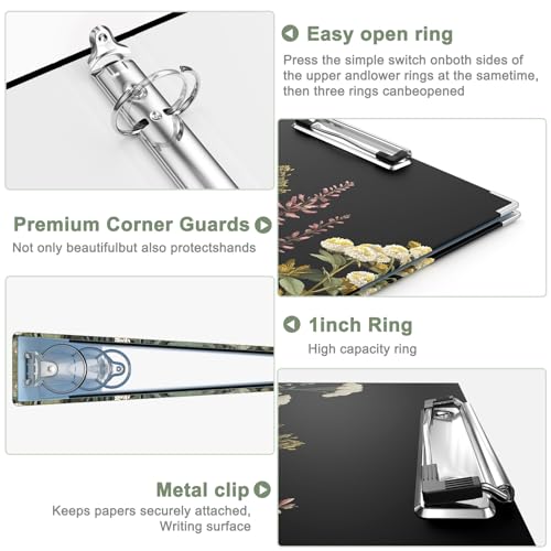 Rouidr 3 Ring Binder with clipboard, 1 inch 8.5 x 11 in Letter Size View Binders Organizer with Dividers Tabs & Clear Sleeves, School Supplies, Office Supplies - color: Dark Flower, size: 1in(Letter Size)