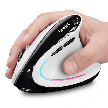 Uineer Ergonomic Wireless Vertical Mouse, Tri-Mode Bluetooth 5.0/4.0 and 2.4G USB, Rechargeable Silent Computer Mouse for Laptop, MacBook, iPad and PC, 4 DPI Levels, LED Light, 3-Device Switching