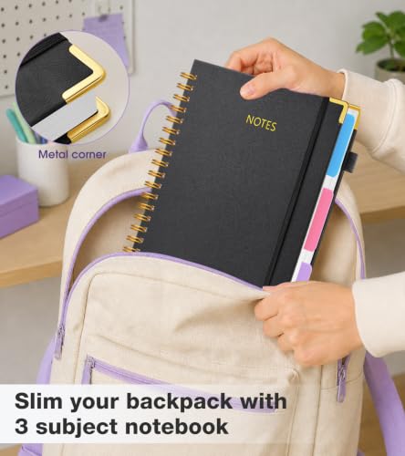 JASLEKO 3 Subject Notebook College Ruled with Dividers Tabs, 100 GSM Leather Hardcover Spiral Notebooks for School Work, 240 Pages Large Cute Notebook Journal for Women Men, College Students,Black - color: Black