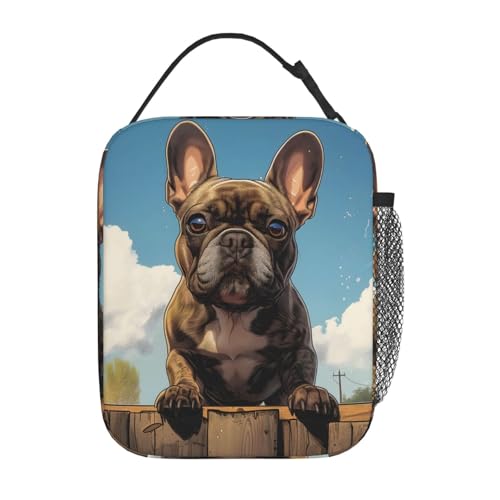 French Bulldog Insulated Lunch Box,Adorable Dog on Blue Sky Background Reusable Tote Bag for Pet Lovers,Playful Puppy Design Lunchbag,Portable Cooler Lunchboxes for Work School Picnic Gifts - color: Over-The-Fence French Bulldog