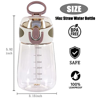 Water Bottle with Straw BPA Free Lightweight 14oz Water Drinking Bottle for Toddlers with Handle Wide Mouth Leak-Proof Cute Straw Bottle for Boys, Girls,Adults (Pink)