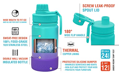 CHILLOUT LIFE 12oz Kids Insulated Stainless Steel Water Bottle with Leak Proof Spout Lid & 144 Stickers - color: Caribbean Lily, style: 12 oz