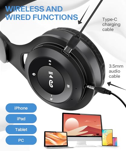 Kids Bluetooth Headphones, Over Ear Children's Wireless Bluetooth 5.3 Headsets, Built-in Mic, Comfortable Wear & HD Sound, Kids Headphones for Boys Girls School Travel iPad Tablet (Black) - color: Black
