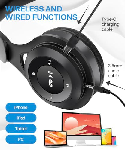 Kids Bluetooth Headphones, Over Ear Children's Wireless Bluetooth 5.3 Headsets, Built-in Mic, Comfortable Wear & HD Sound, Kids Headphones for Boys Girls School Travel iPad Tablet (Black) - color: Black