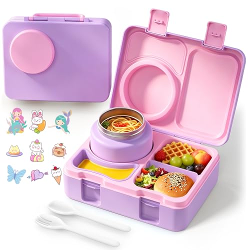 Bento Box for Kids, Leakproof Kids Bento Lunch Box Container with 8oz Insulated Thermo Food Jar, Sauce Jar, Utensil, DIY Stickers for School Boys Girls, 3-4 Compartments, BPA-Free - color: Purple