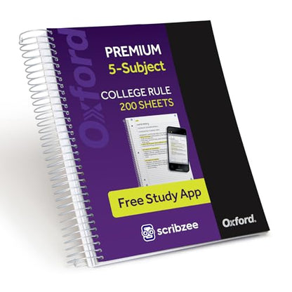 Oxford Spiral Notebook with Free Study App, 5 Subject, College Ruled, Ultra Smooth Paper, No Ink Bleed-Through, Strong Poly Black Cover, 5 Durable 2 Sided Pockets, 200 Easy Perforated 8.5"x11" Sheets - color: Black